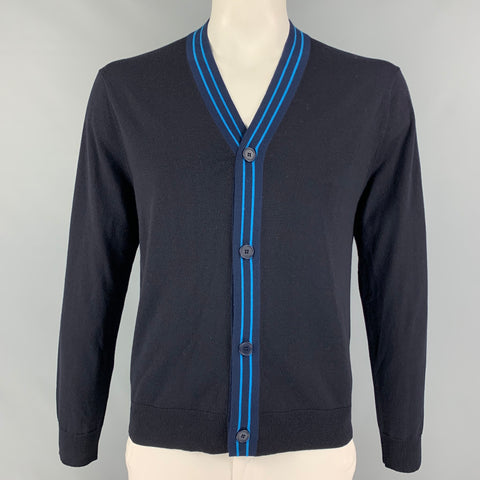 SANDRO Size L Navy Black Striped Trim Lana Wool Buttoned Cardigan