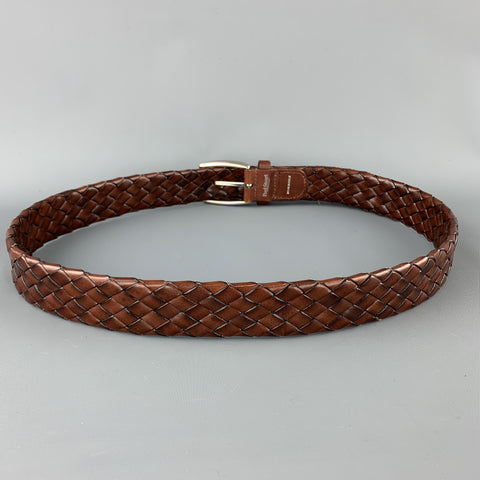 PAUL STUART Size 38 Woven Brown Leather Silver Tone Brass Buckle Belt