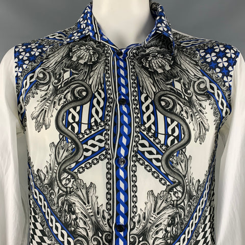 JUST CAVALLI Size L White Blue Black Snake Cotton Long Sleeve Shirt