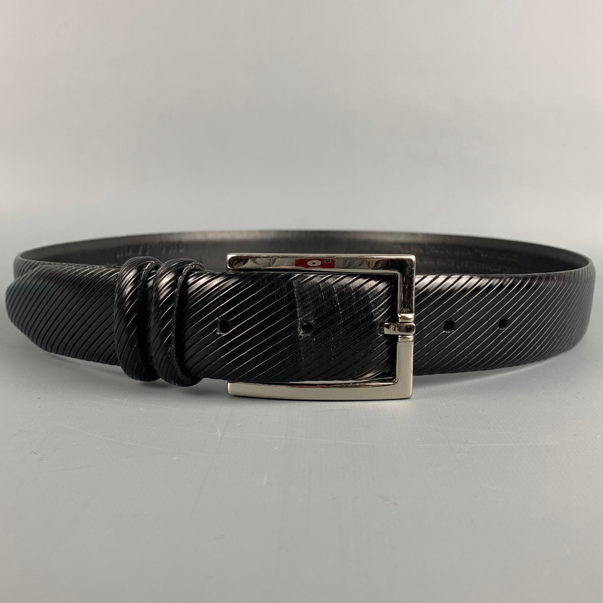 BILL LAVIN Soft Collection Size 34 Black Diagonal Stripe Leather Belt Sui Generis Designer Consignment