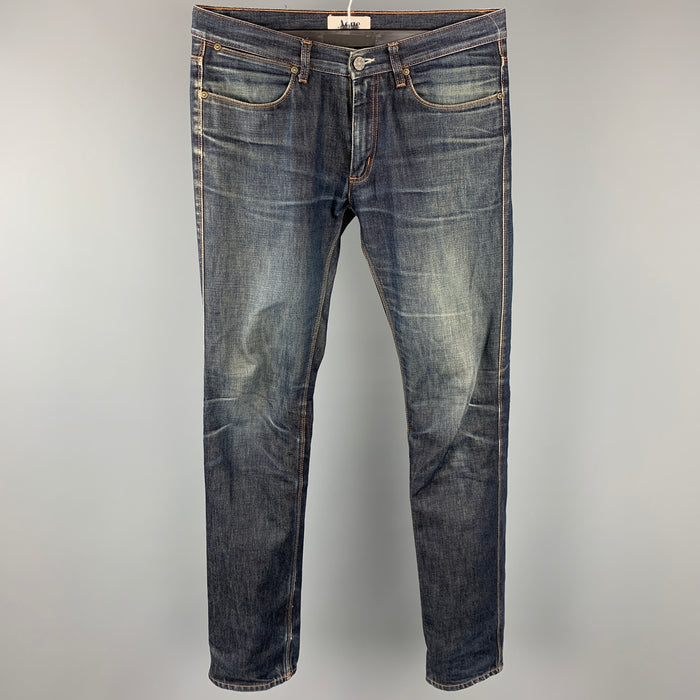 ACNE Size 32 Dark blue Distressed Cotton Zip Fly Jeans