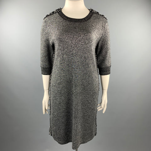 CHANEL Talla 14 Vestido recto de mezcla de lana texturizada de punto plateado
