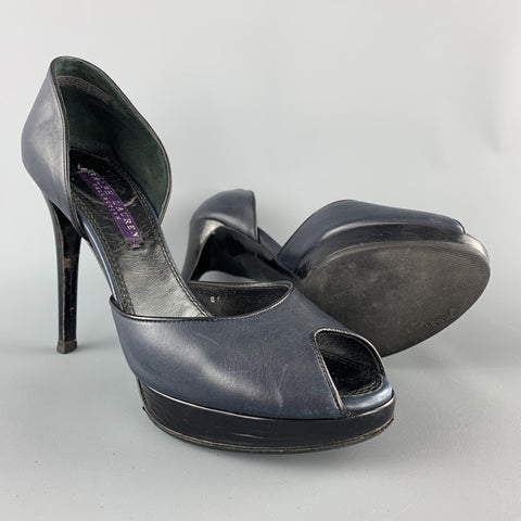 RALPH LAUREN Size 7 Navy & Black Leather Peep Toe Pumps