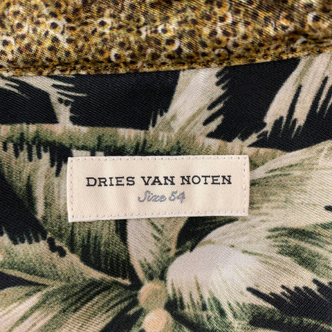 DRIES VAN NOTEN Size XL Black Green Print Viscose Camp Short Sleeve Shirt