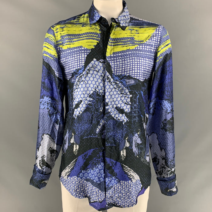 JUST CAVALLI Size L Navy & Yellow Print Silk French Cuff Long Sleeve Shirt
