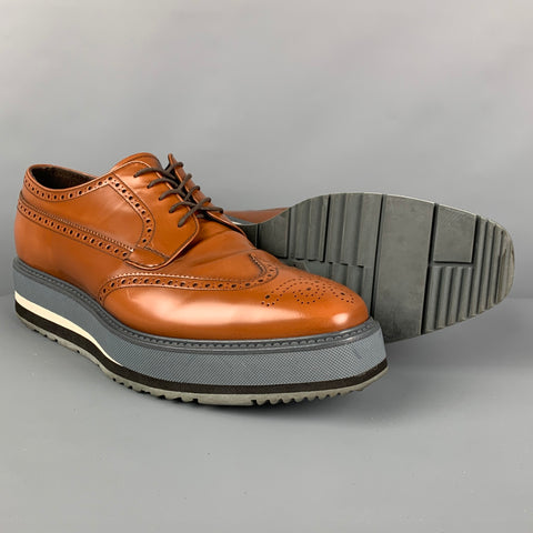 PRADA Size 9.5 Tan Grey Perforated Leather Wingtip Lace Up Shoes