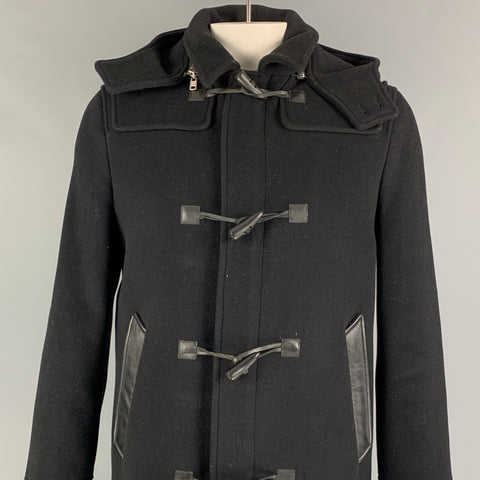 THE KOOPLES Size L Black Wool Leather Trim Toggle Closure Coat