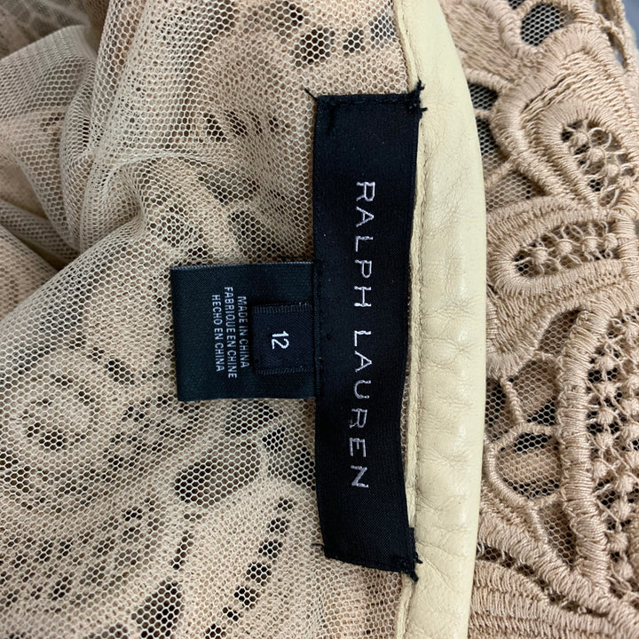 RALPH LAUREN Black Label Size 12 Beige Lace Textured Cotton Leather Trim Cardigan