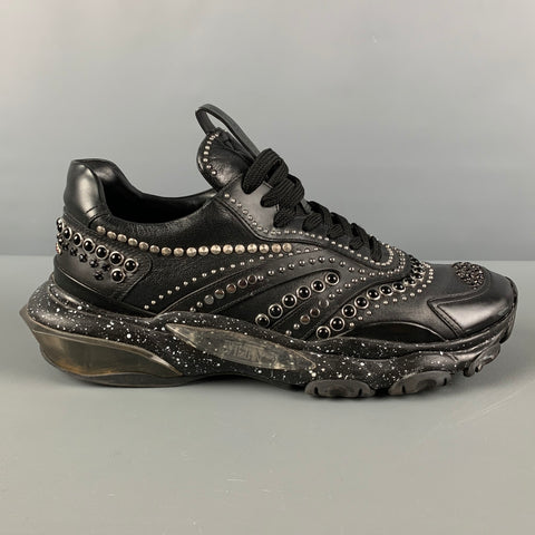 VALENTINO Size 8 Black Silver Studded Leather Lace Up Sneakers