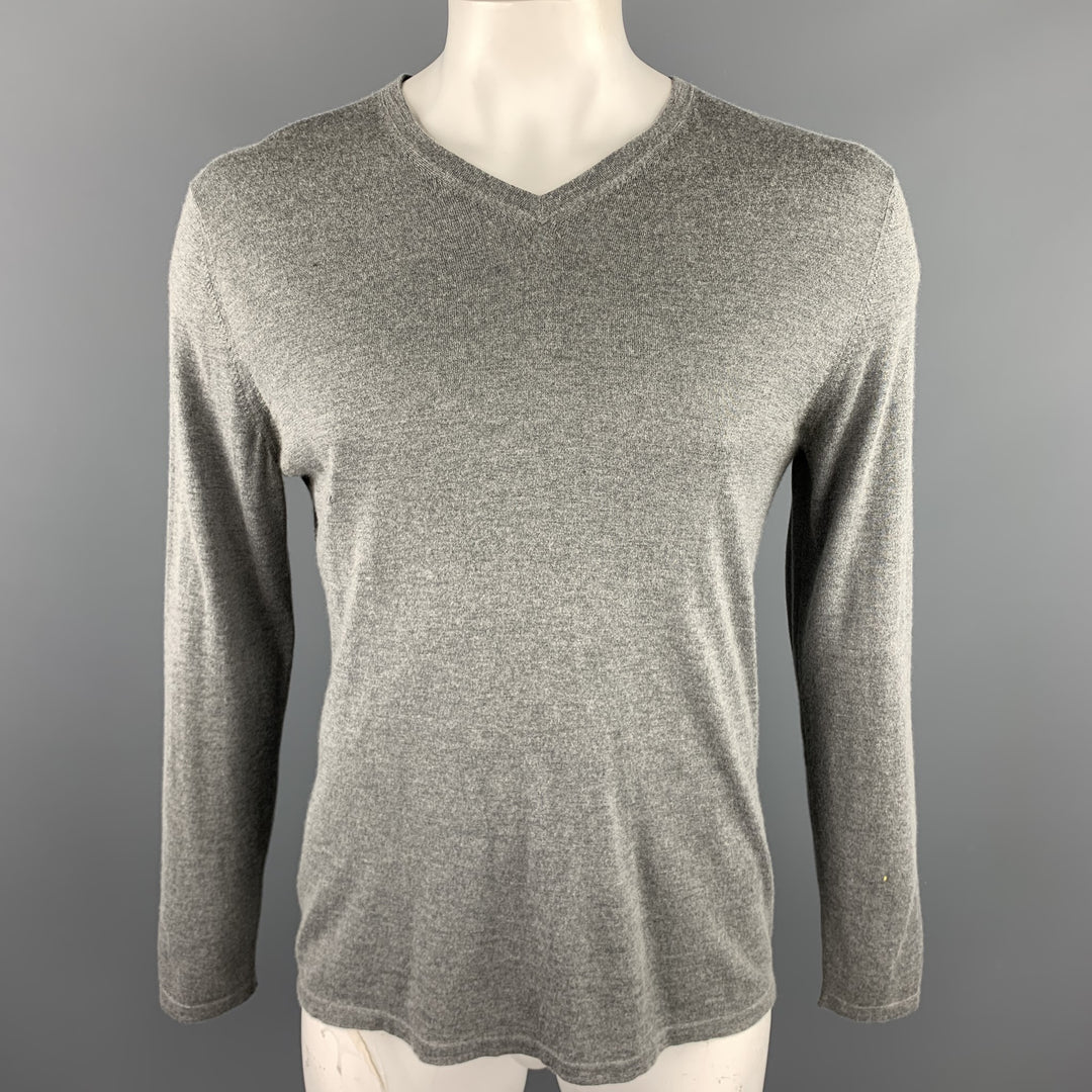 THEORY Size XL Grey Silk / Cashmere V-Neck Elbow Patch Pullover