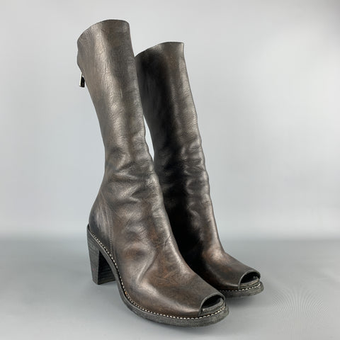 GUIDI Talla 7 Botas peep toe con tacón de piel de caballo de cuero marrón
