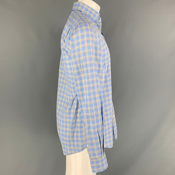 ERMENEGILDO ZEGNA Size M Blue &  Beige Checkered Cotton and Linen Long Sleeve Shirt