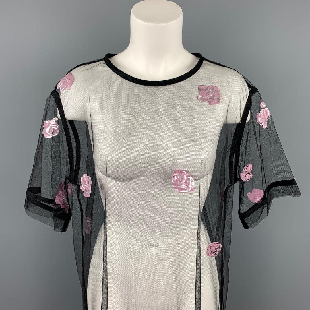 DRIES VAN NOTEN Taille 8 Robe t-shirt en polyamide en maille florale noire et rose