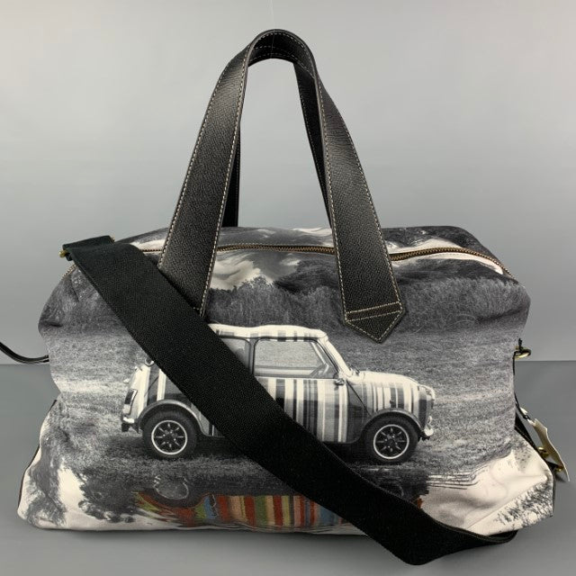 PAUL SMITH Bolso de mano de lona con estampado blanco y negro