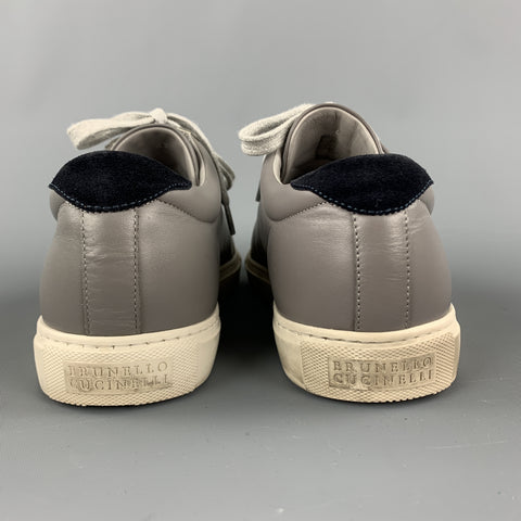 BRUNELLO CUCINELLI Taille 10 Baskets à lacets en cuir gris et bleu marine