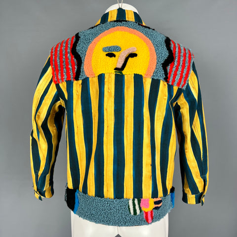 FENDI x JOHN BOOTH Size 40 Yellow Blue Stripe Cotton Lamb Fur Denim Jacket