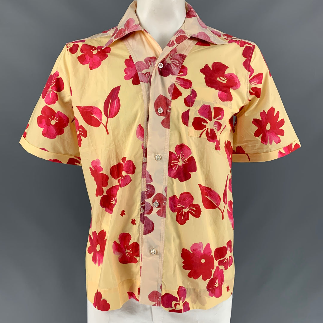 WALES BONNER Size L Yellow &  Red Floral Cotton Camp Short Sleeve Shirt