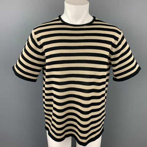 WALENODE Size S Black & Beige Stripe Cotton Crew-Neck Pullover