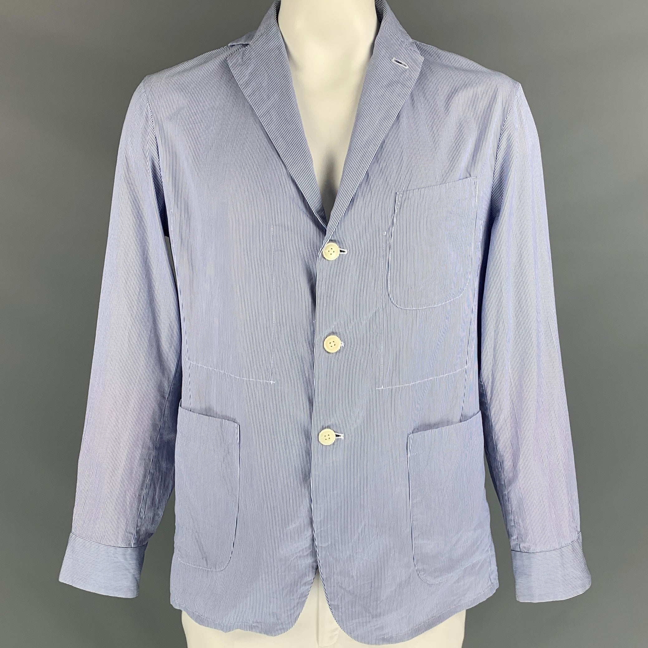 45rpm Size XL Blue & White Pinstripe Cotton Notch Lapel Jacket 45rpm Size XL Blue & White Pinstripe Cotton Notch Lapel Jacket