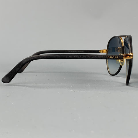 GUCCI Black Leather Gold Tone Aviator Sunglasses
