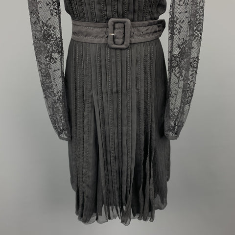 PRADA Talla 10 Vestido de cóctel de manga larga con top de encaje de seda plisado negro