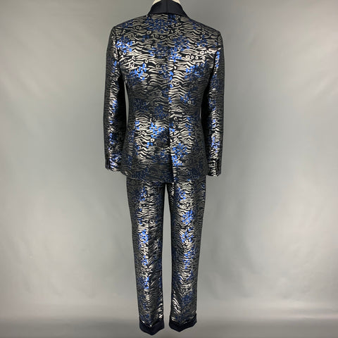 MARCELL VON BERLIN Size 40 Black Silver Blue Metallic Shawl Collar Suit