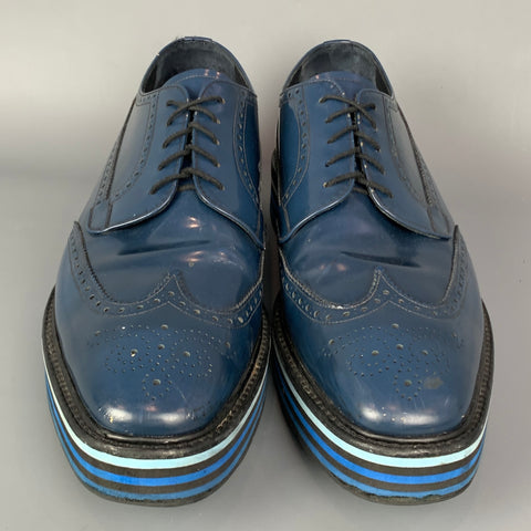 PRADA Size 13 Blue Perforated Leather Wingtip Lace Up Shoes