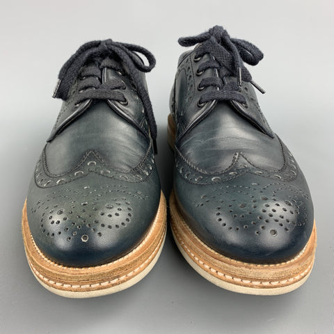 SANTONI Size 8 Navy Perforated Leather Wingtip Lace Up