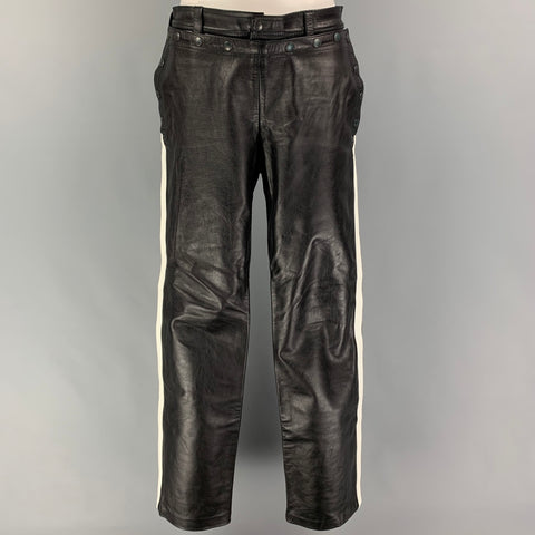 CUSTOM MADE Size 33 Black White Vertical Stripe Leather Casual Pants