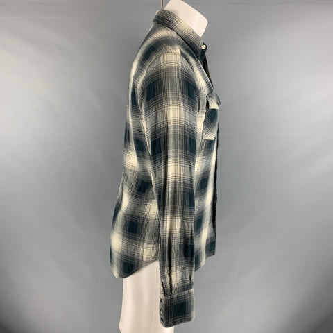 RALPH LAUREN Taille S Gris Off White Plaid Cotton Snaps Chemise à manches longues