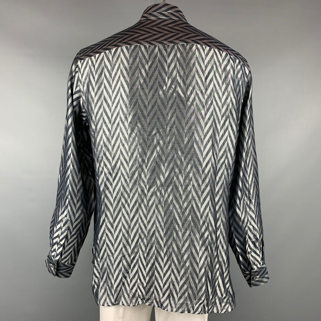 GIORGIO ARMANI Size XL Grey & Black Herringbone Silk Long Sleeve Shirt