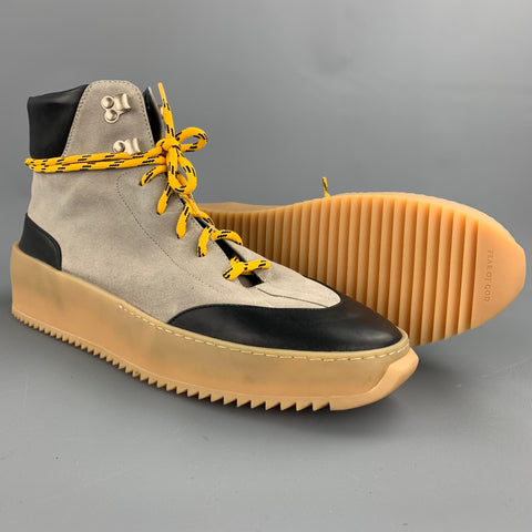 FEAR OF GOD Sexta colección Talla 11 Zapatillas de deporte de senderismo de caña alta de cuero con bloques de color gris pardo y negro