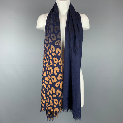 GUCCI Navy & Tan Animal Print Logo Viscose Blend Scarf
