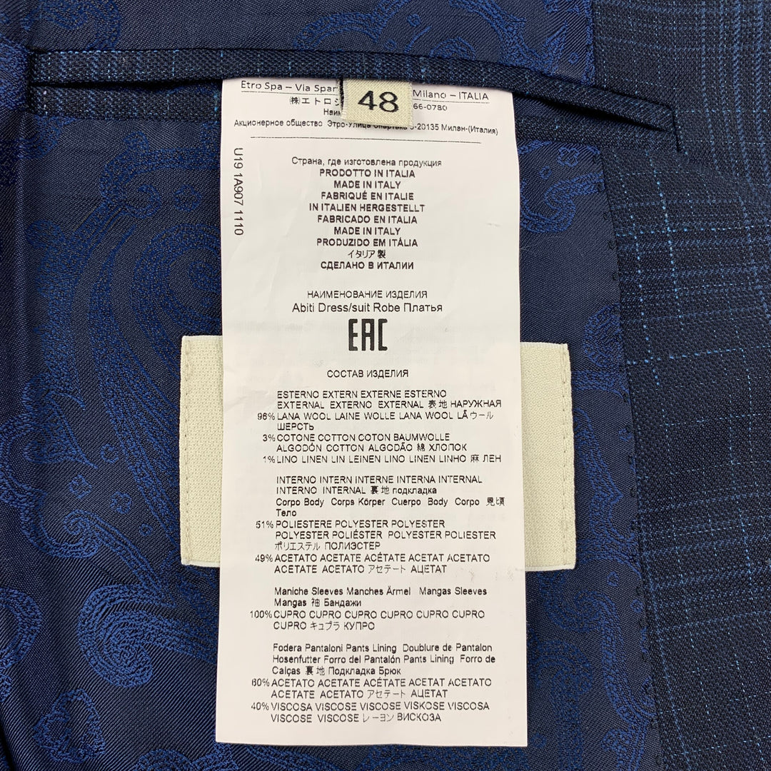 ETRO Size 38 Navy Blue Plaid Wool Blend Notch Lapel Suit
