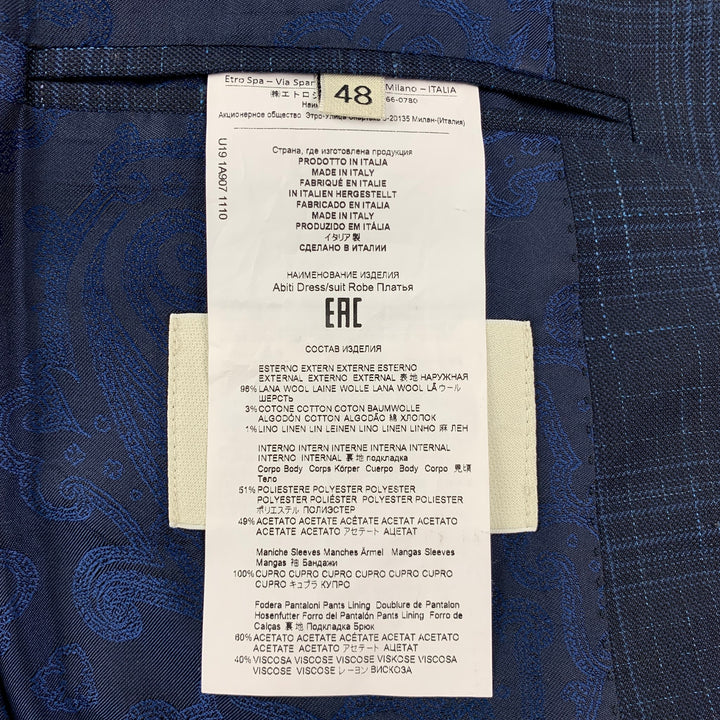 ETRO Size 38 Navy Blue Plaid Wool Blend Notch Lapel Suit