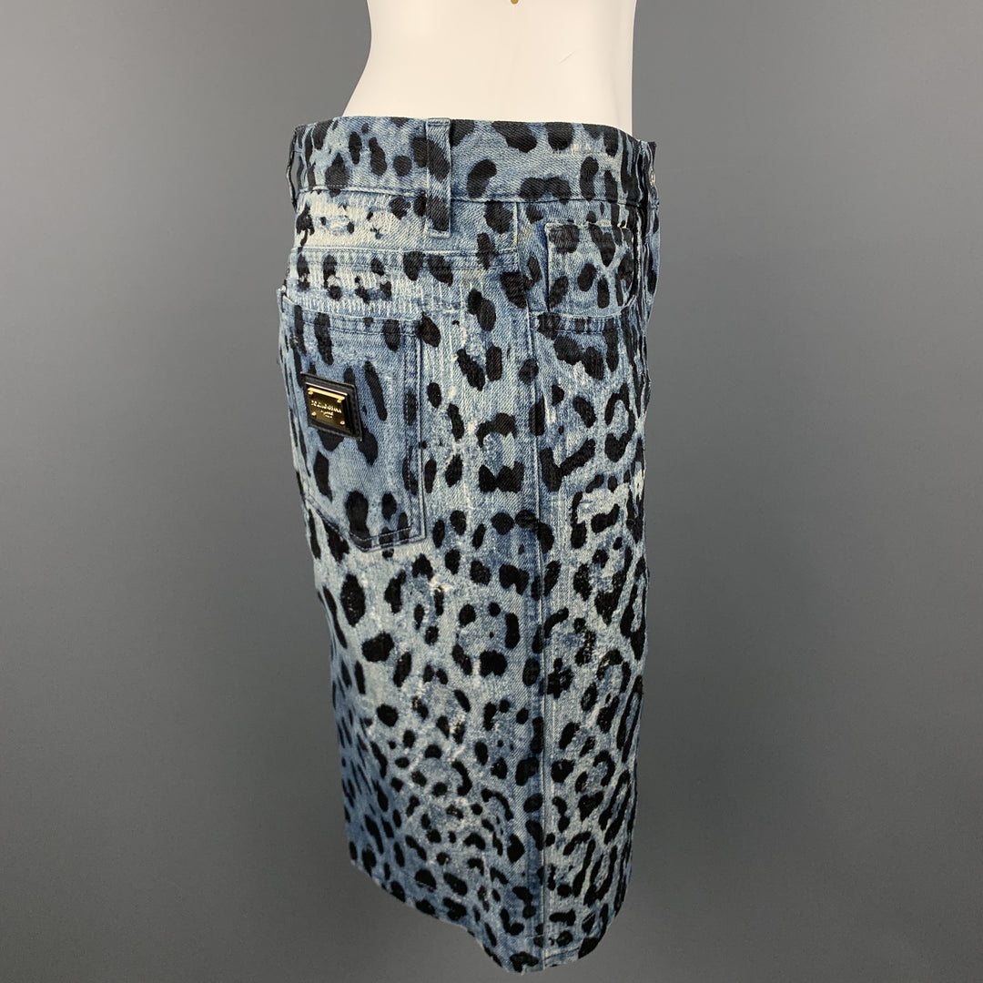 DOLCE & GABBANA Size 6 Blue Lepard Print Distressed Denim Pencil Skirt