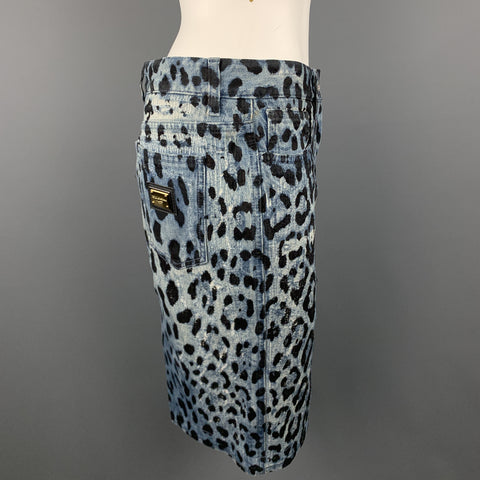 DOLCE & GABBANA Size 6 Blue Lepard Print Distressed Denim Pencil Skirt