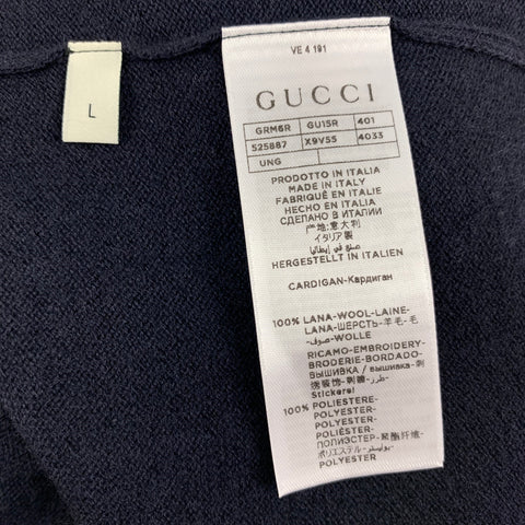 GUCCI Size L Navy Embroidery Wool V-Neck Cardigan