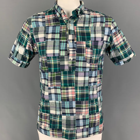 BEAMS Size XL Green Blue White Madras Cotton Long placket Short Sleeve Shirt
