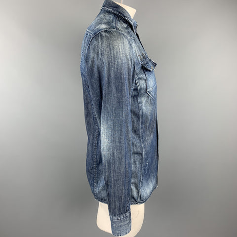 G-STAR Size L Indigo Wash Cotton Patch Pockets Long Sleeve Shirt