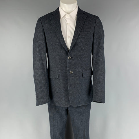 ETRO Chest Size 38 Navy Black Herringbone Wool Blend Notch Lapel 32 Sport Coat