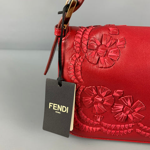 FENDI Red Floral Leather Baguette Shoulder Handbag