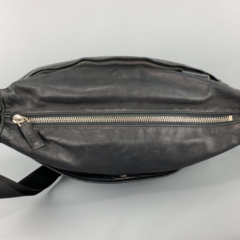PRADA Black Leather Enamel Logo Crossbody Messenger Bag