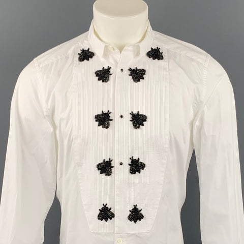 DOLCE & GABBANA Gold Size M White & Black Applique Cotton Tuxedo Long Sleeve Shirt