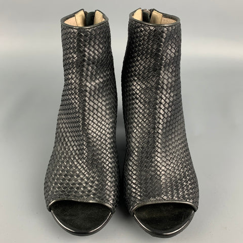 MARSELL Size 7.5 Black Woven Textured Leather Peep Toe Ankle Boots