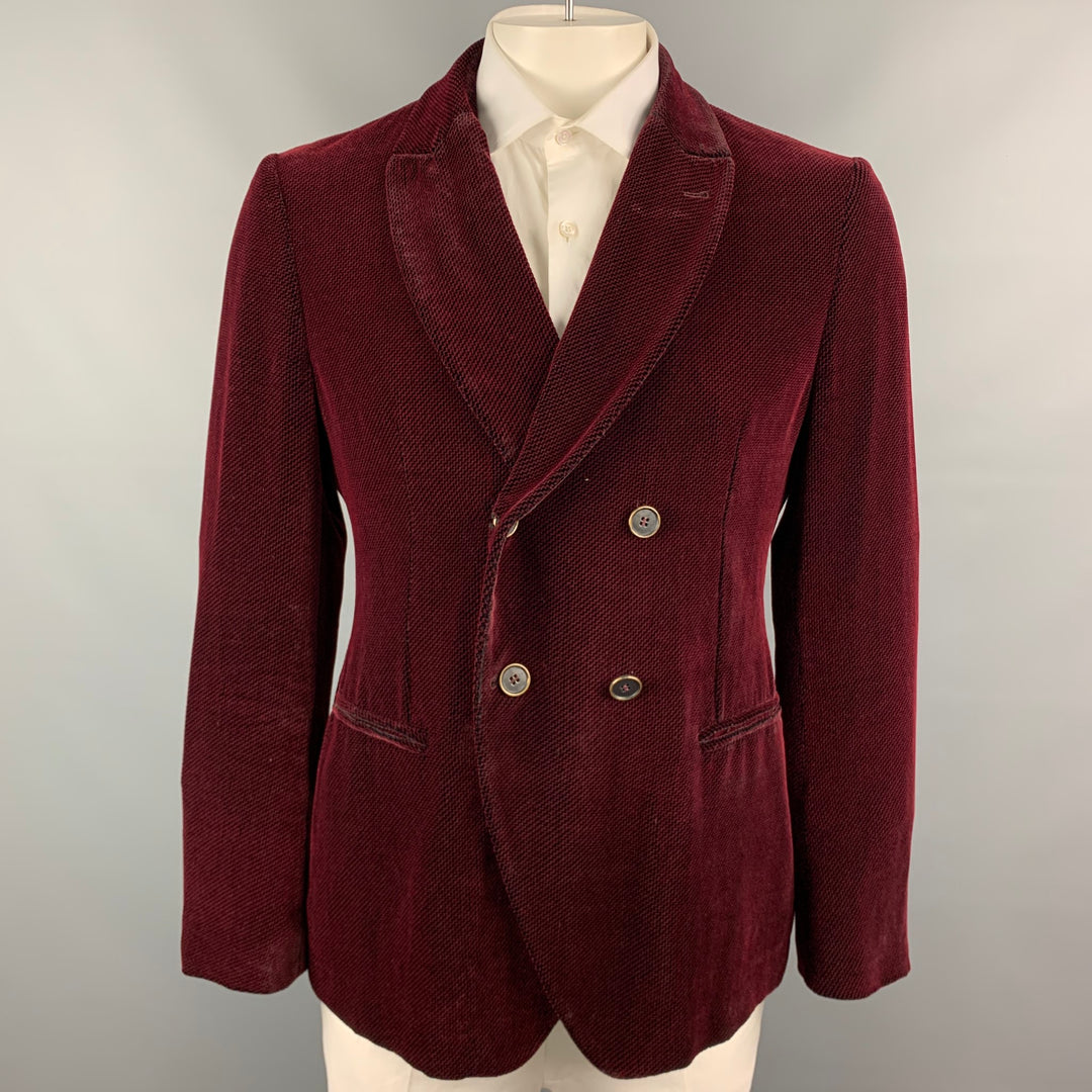 GIORGIO ARMANI Ginza Size 44 Burgundy & Black Houndstooth Peak Lapel Sport Coat