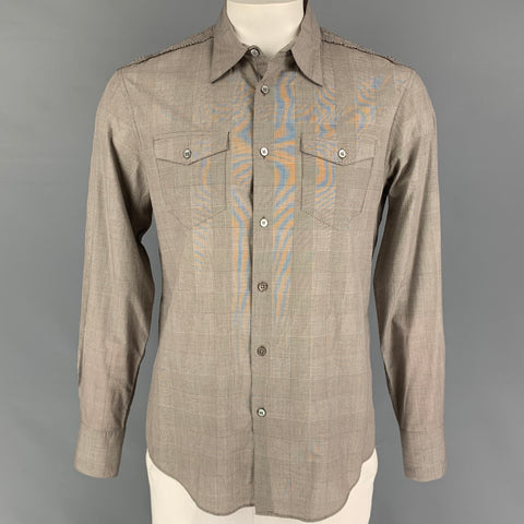 JOHN VARVATOS Camisa de manga larga con bolsillo de parche de algodón Glenplaid gris Talla L