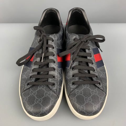 GUCCI Size 11 Black Grey Monogram Leather Lace Up Sneakers