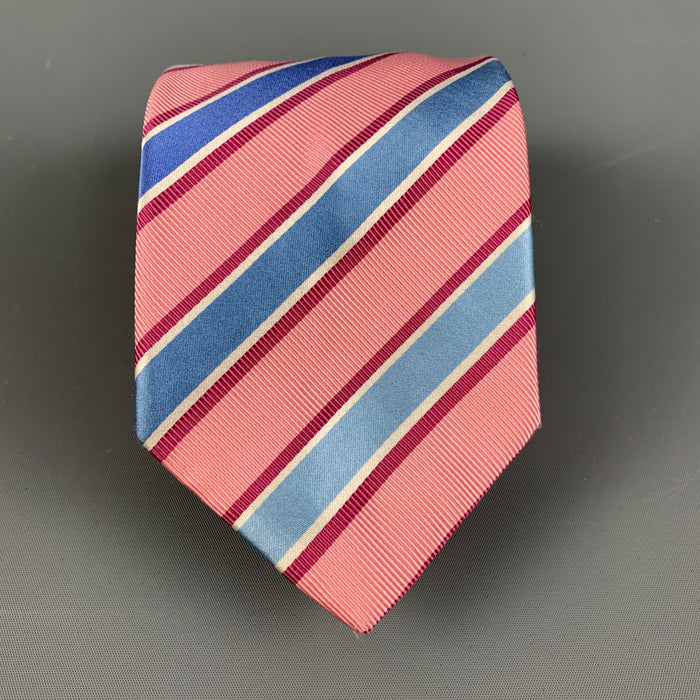 BRIONI Pink & Blue Diagonal Stripe Silk Tie