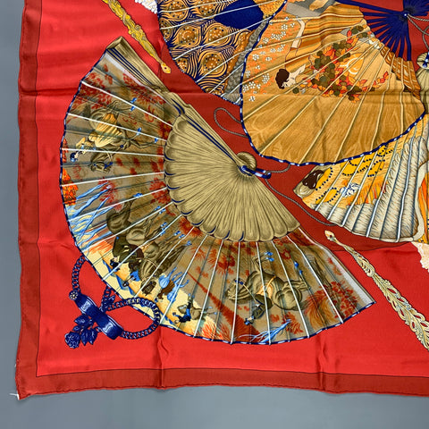 HERMES Red Gold Fan Silk Brise de Charme Scarf